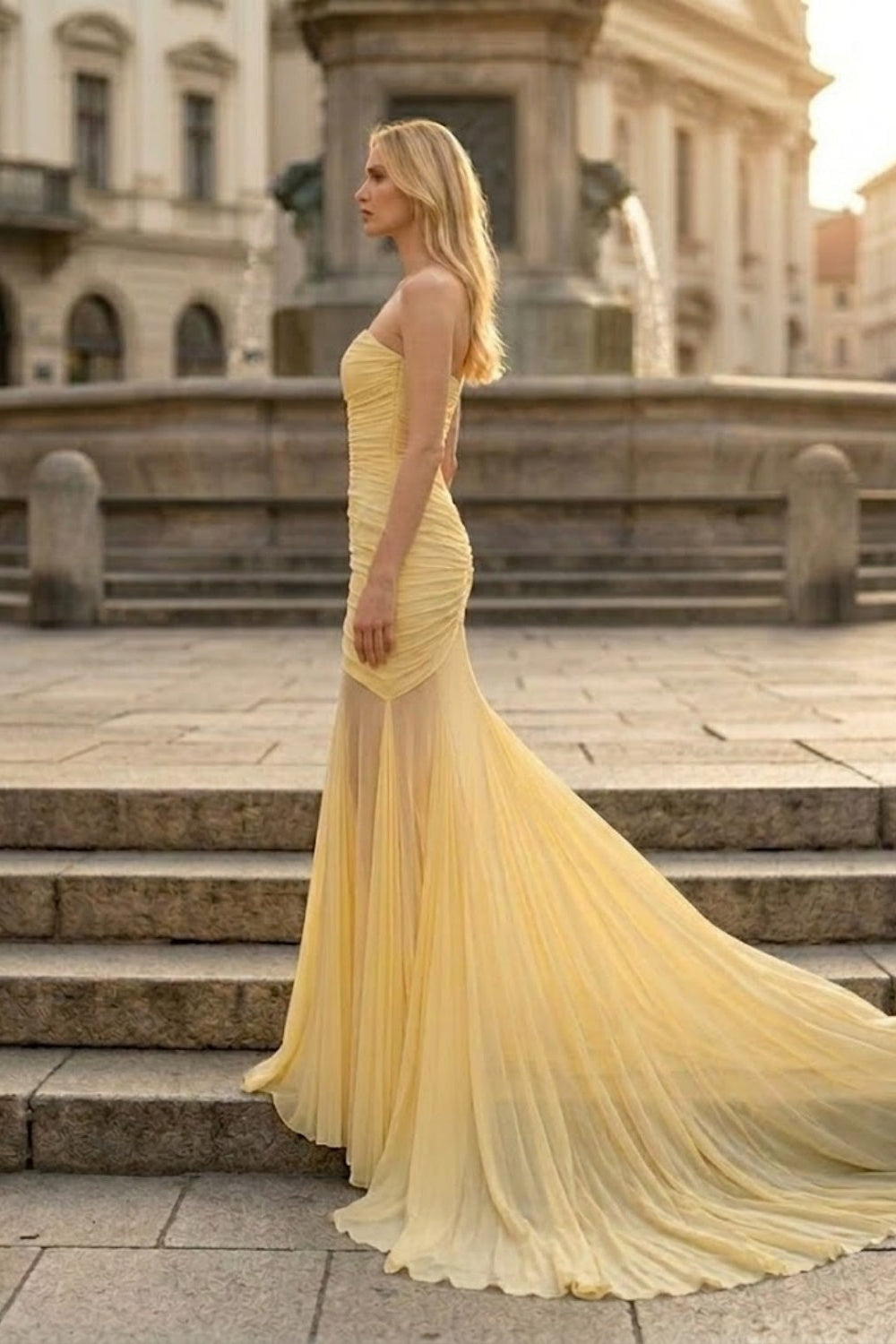 Simple Yellow Bodycon Strapless Long Prom Dress