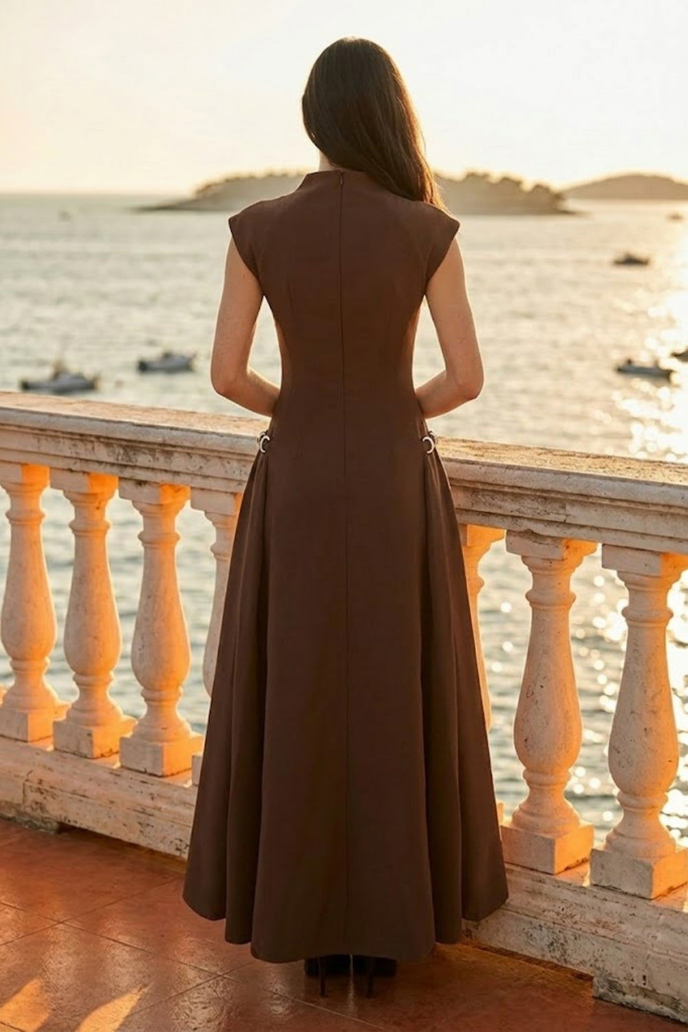 Brown A Line Bateau Long Formal Dress