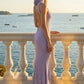 Lavender Sheath High Neck Maxi Prom Dress with 3D Flower