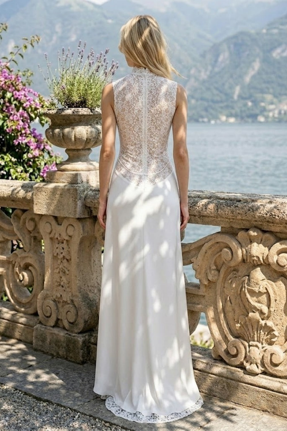White A Line High Neck Long Wedding Dress with Lace
