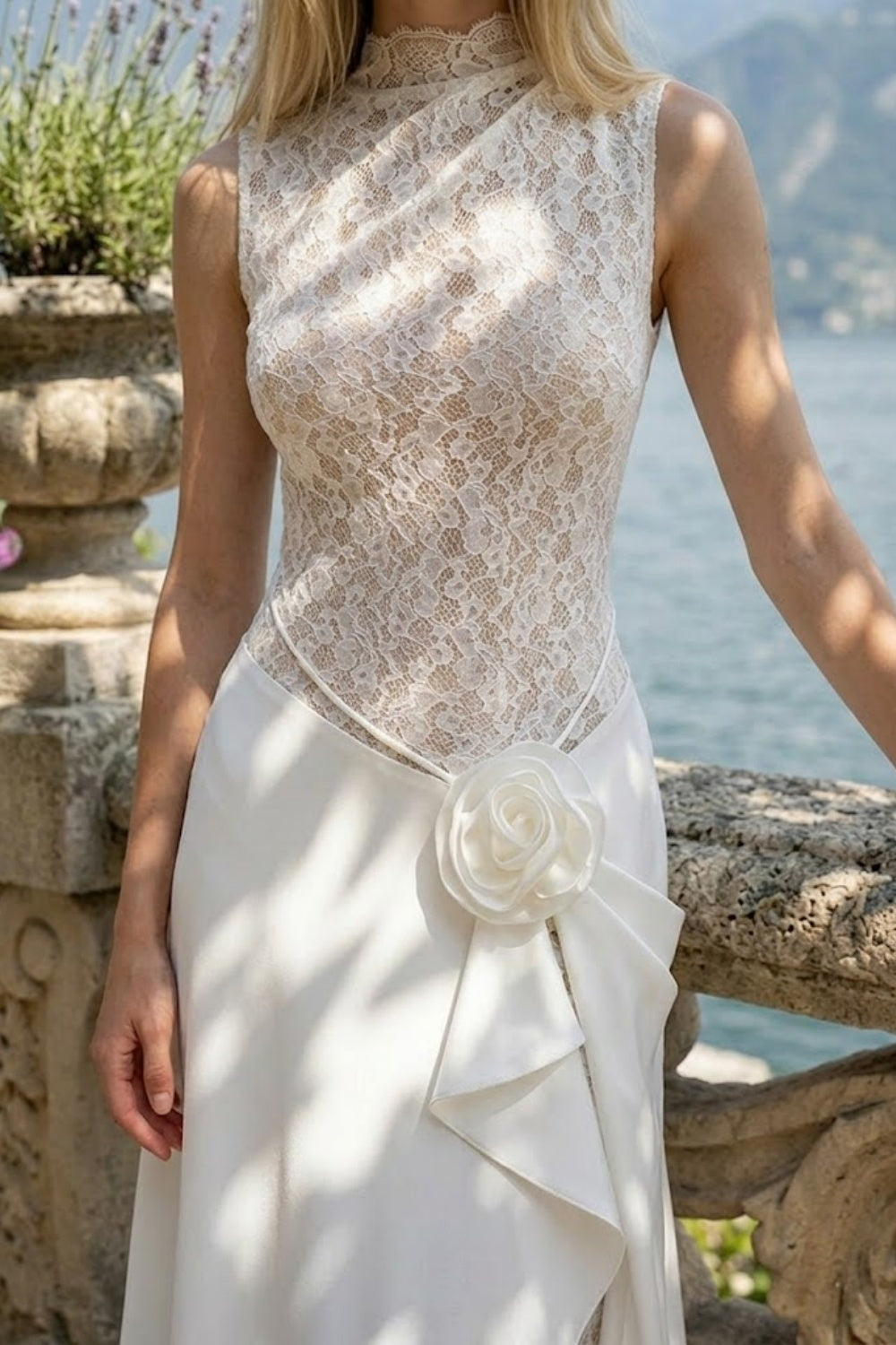 White A Line High Neck Long Wedding Dress with Lace