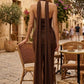 Brown Sheath Halter Long Formal Dress with Ruching