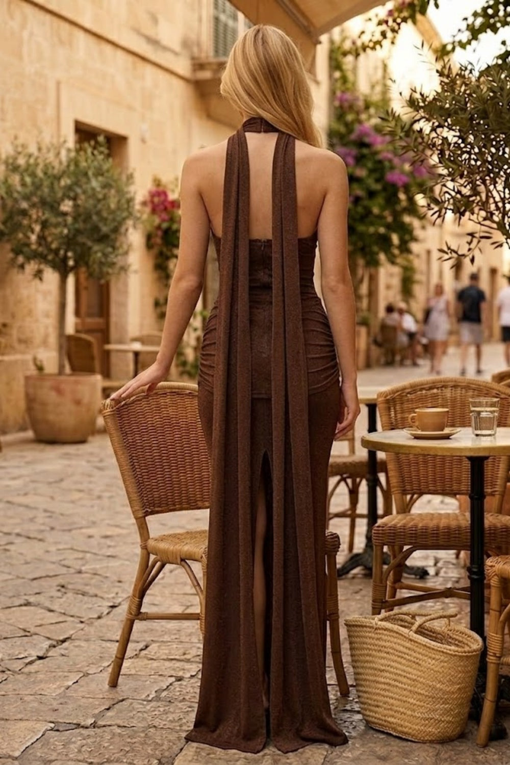 Brown Sheath Halter Long Formal Dress with Ruching