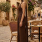 Brown Sheath Halter Long Formal Dress with Ruching