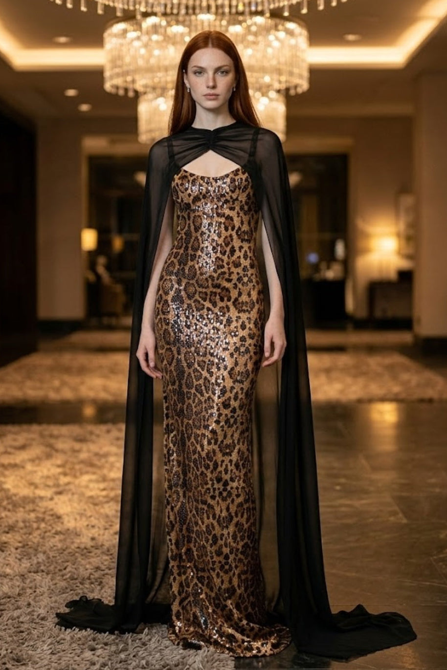 Leopard Sheath Spaghetti Straps Long Evening Dress with Chiffon Cape