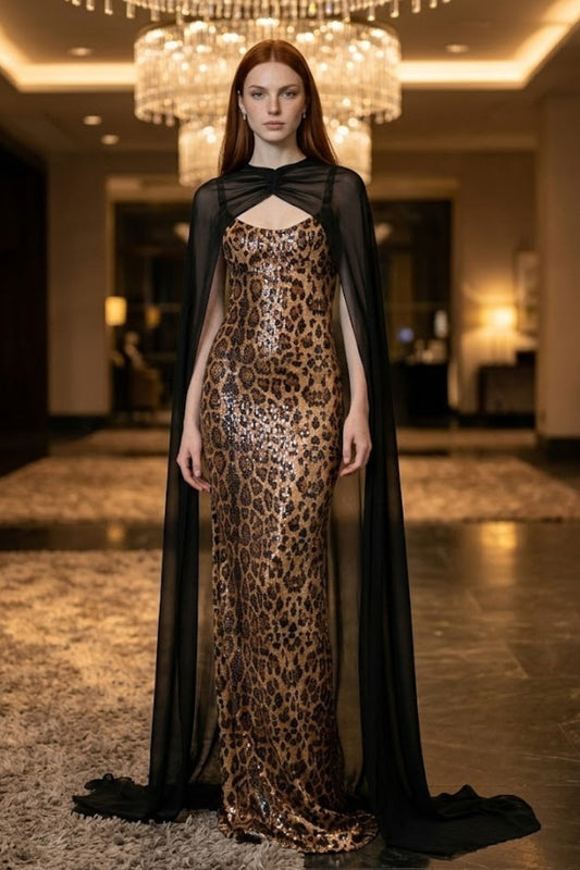 Leopard Sheath Spaghetti Straps Long Evening Dress with Chiffon Cape