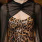 Leopard Sheath Spaghetti Straps Long Evening Dress with Chiffon Cape
