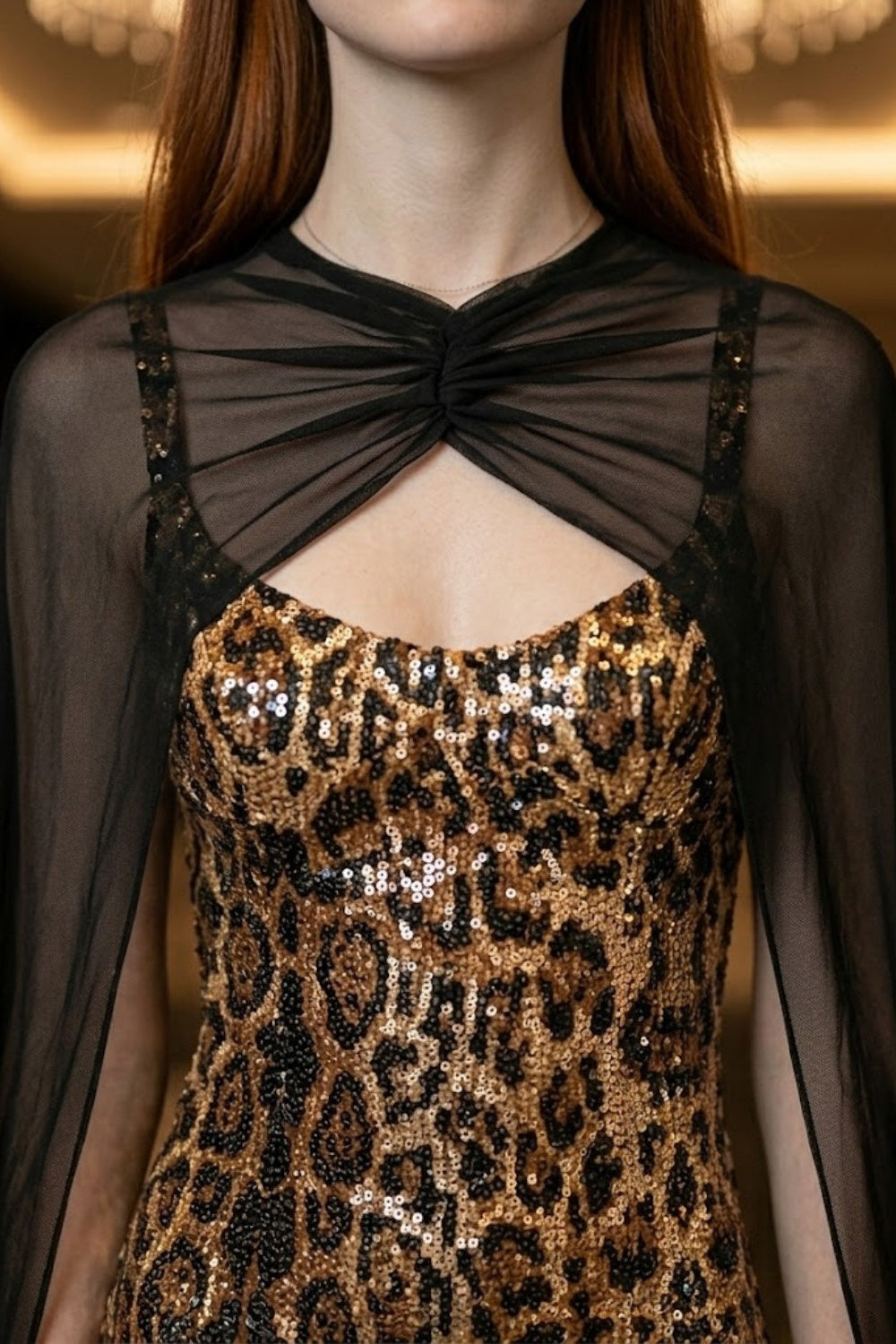 Leopard Sheath Spaghetti Straps Long Evening Dress with Chiffon Cape