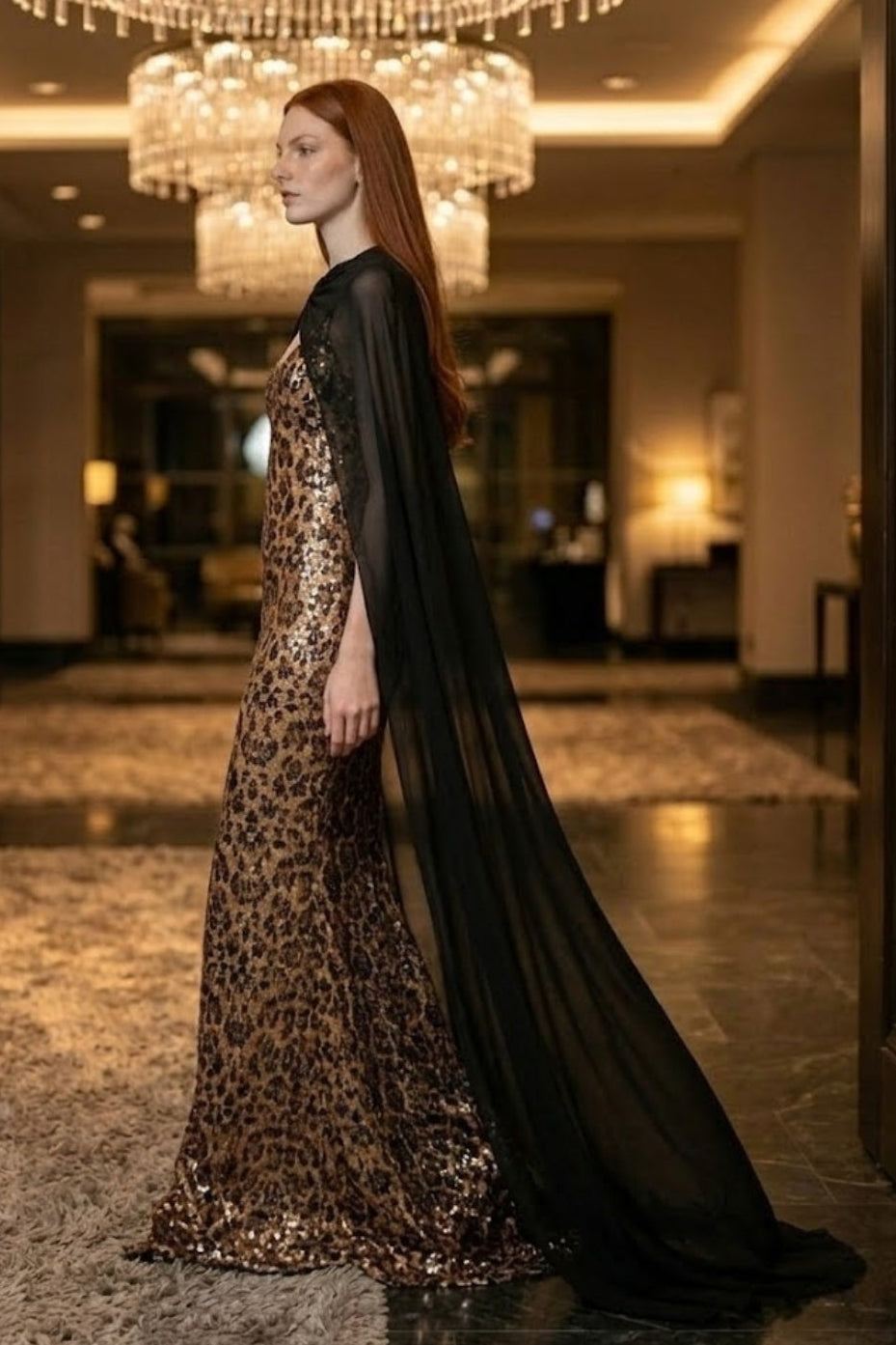 Leopard Sheath Spaghetti Straps Long Evening Dress with Chiffon Cape