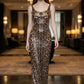 Leopard Sheath Spaghetti Straps Long Evening Dress with Chiffon Cape