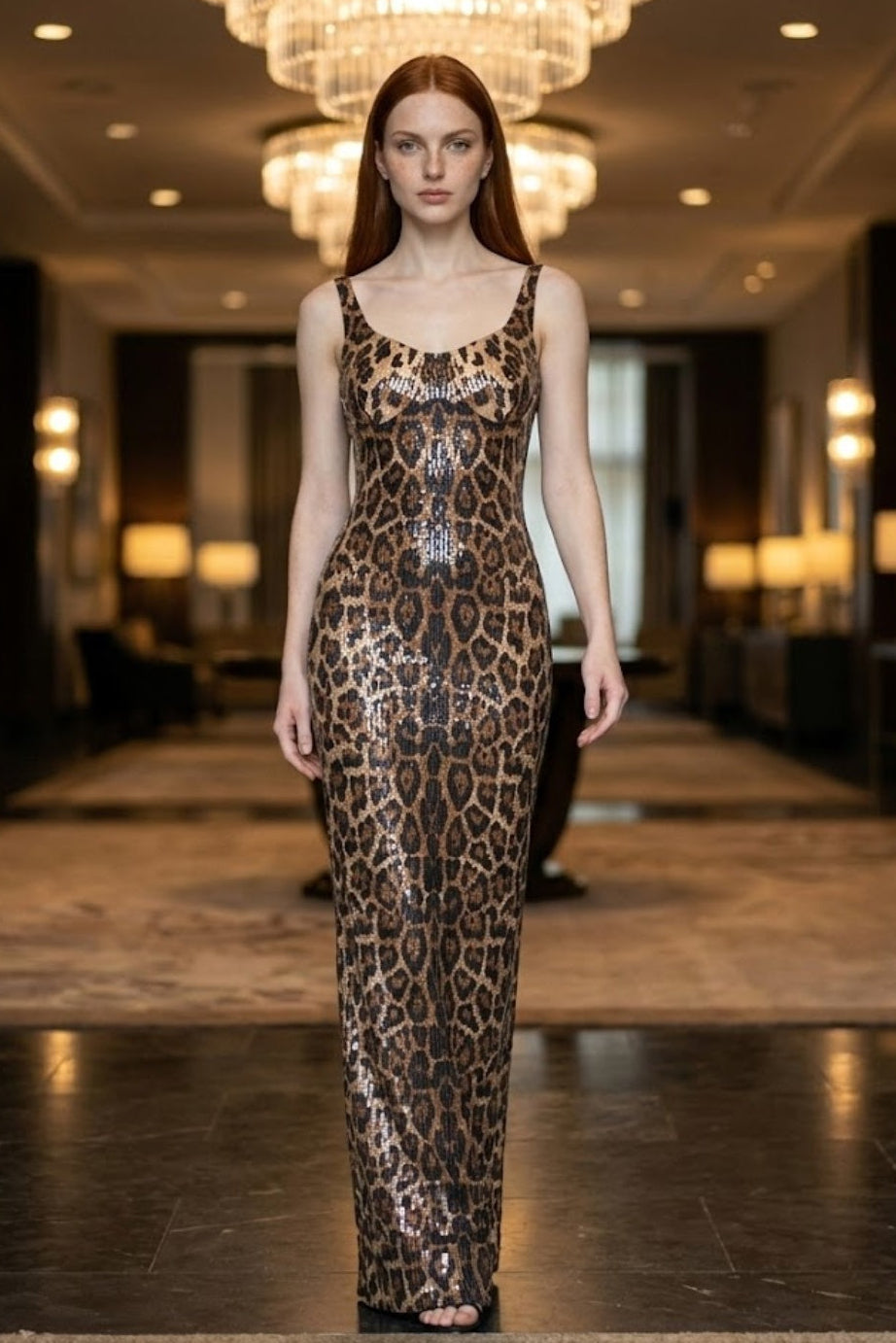 Leopard Sheath Spaghetti Straps Long Evening Dress with Chiffon Cape