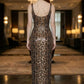 Leopard Sheath Spaghetti Straps Long Evening Dress with Chiffon Cape