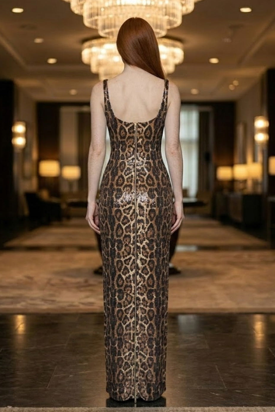 Leopard Sheath Spaghetti Straps Long Evening Dress with Chiffon Cape