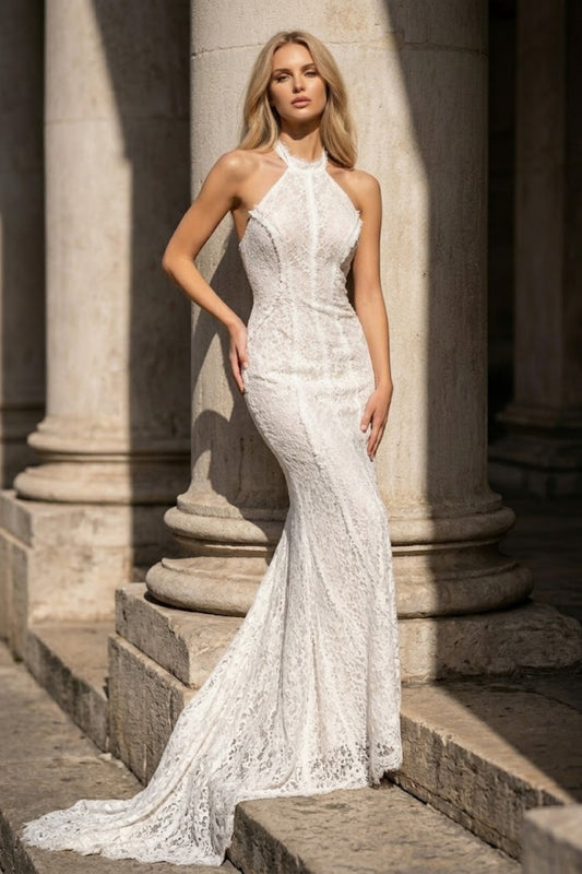 White Mermaid Halter Long Wedding Dress with Lace