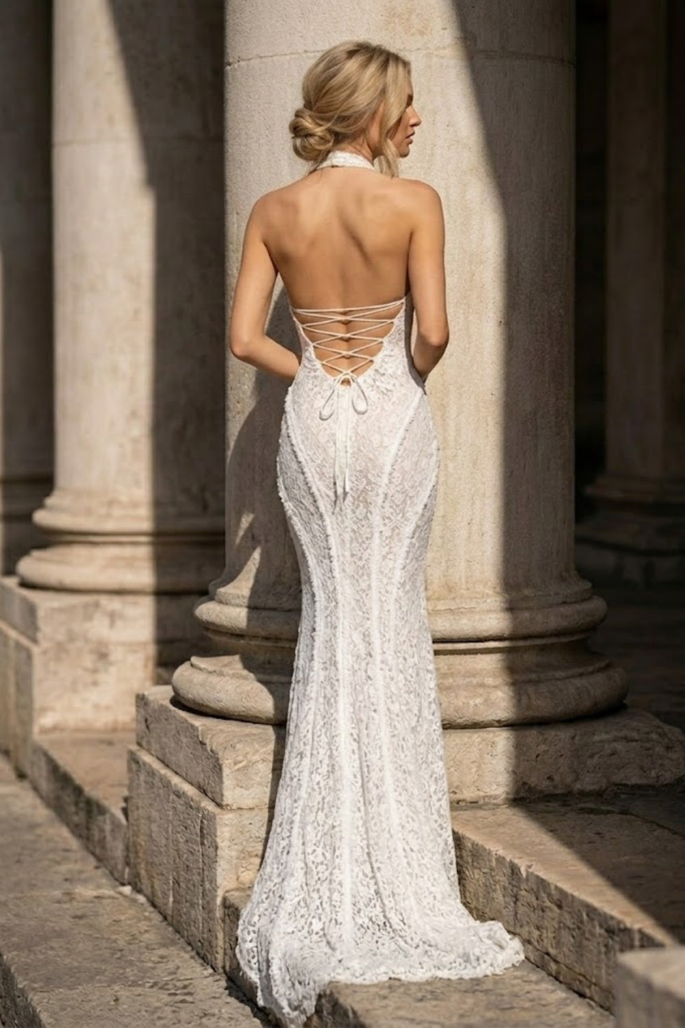 White Mermaid Halter Long Wedding Dress with Lace