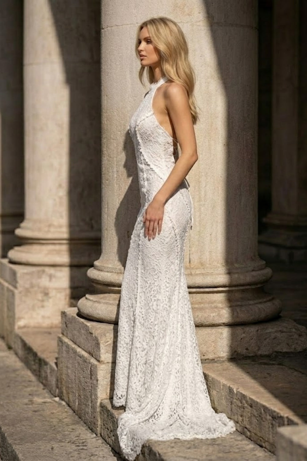 White Mermaid Halter Long Wedding Dress with Lace
