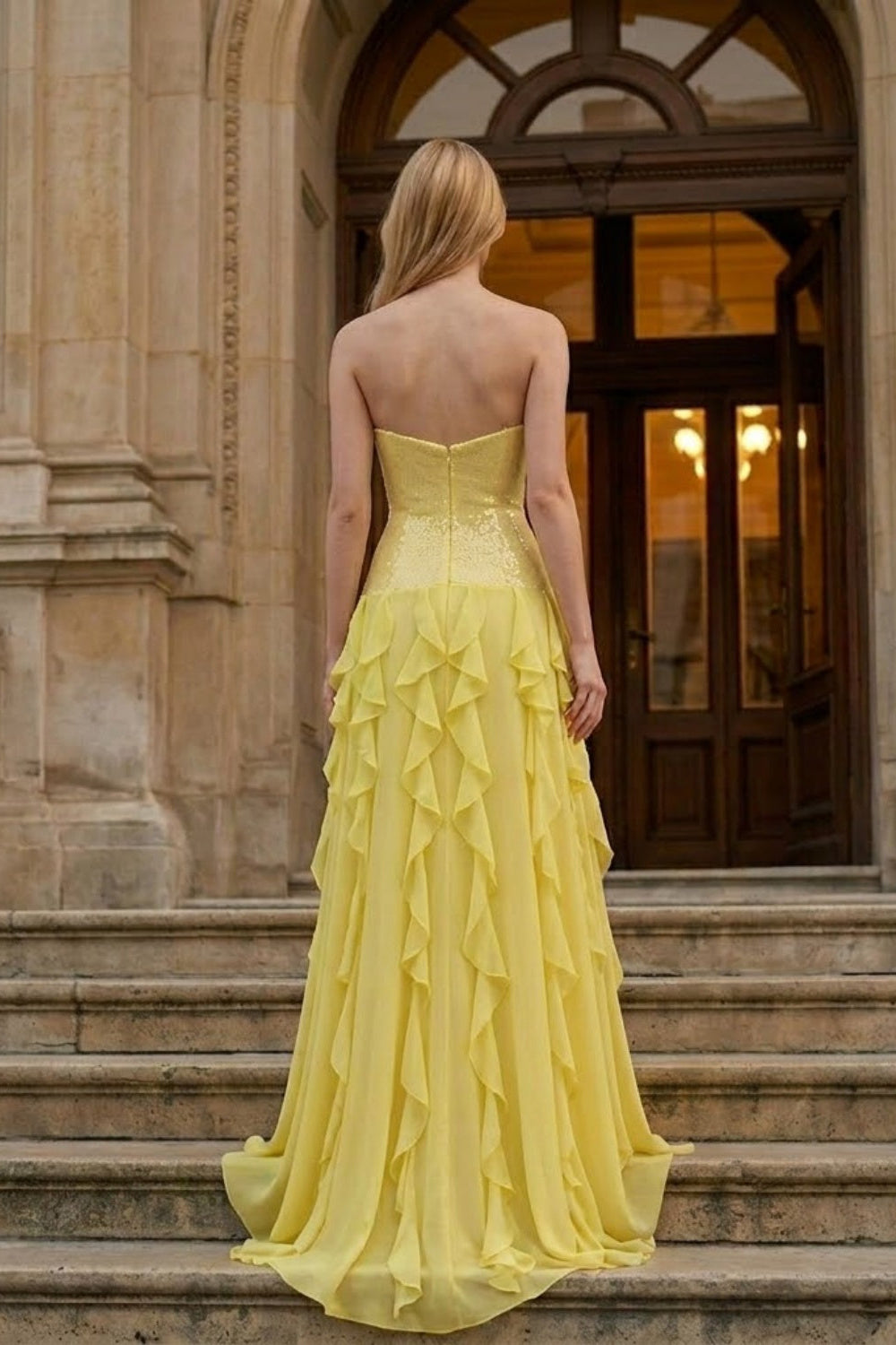 Yellow Sheath Strapless Long Prom Dress with Sequins