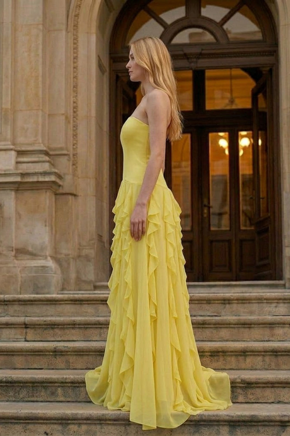 Yellow Sheath Strapless Long Prom Dress with Sequins