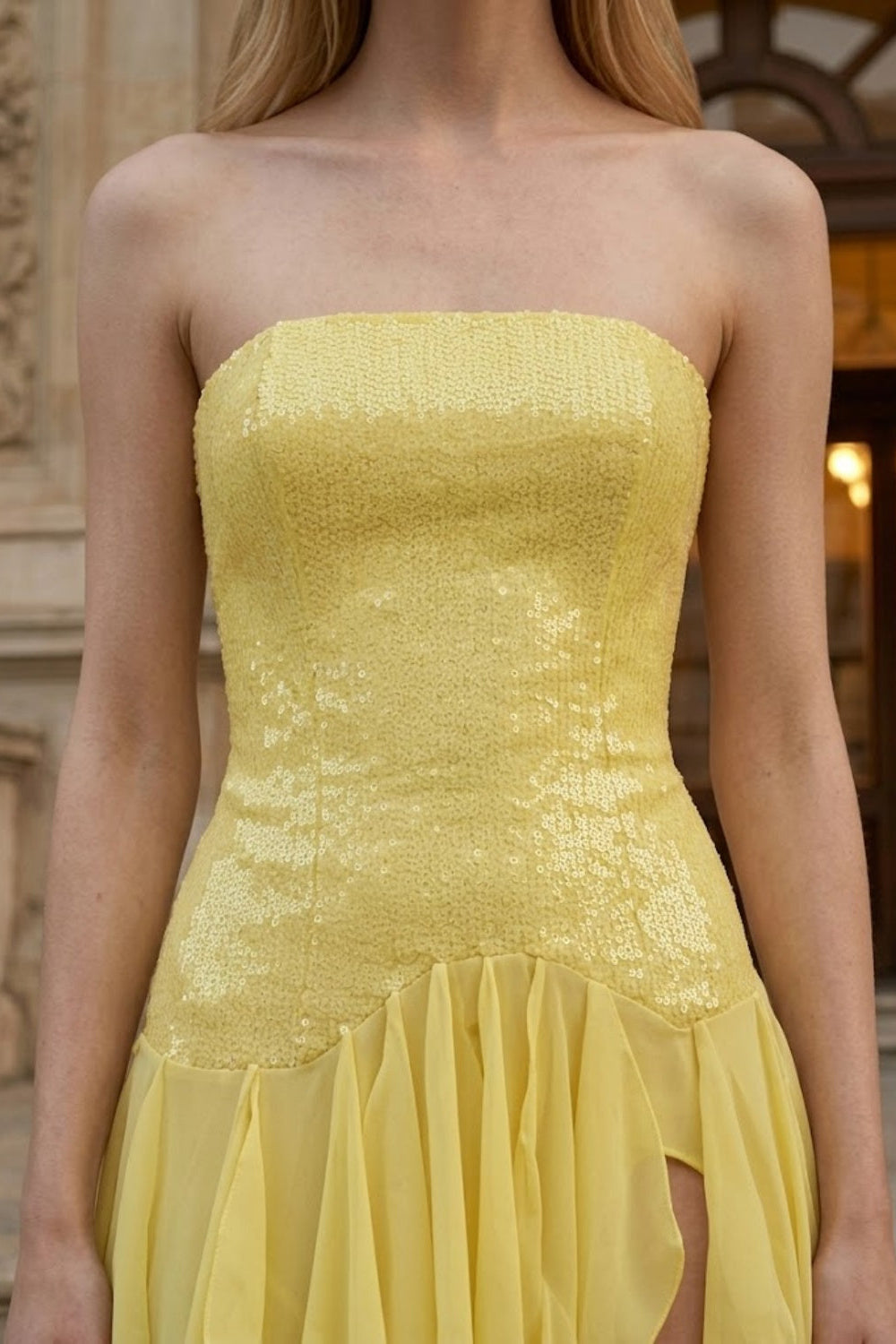 Yellow Sheath Strapless Long Prom Dress with Sequins