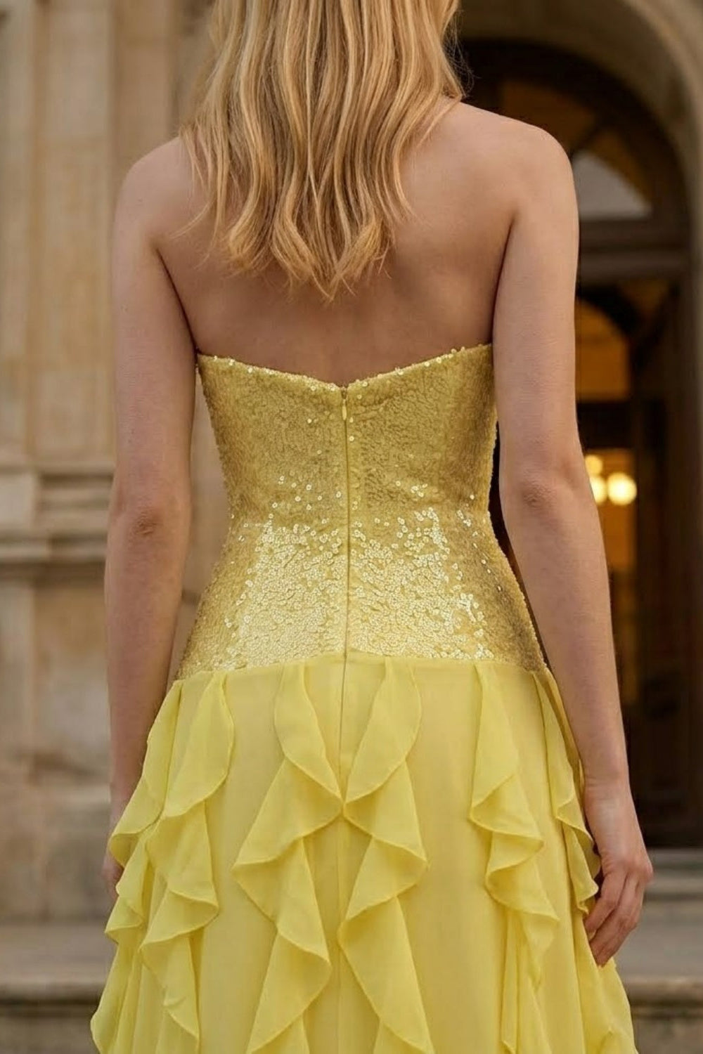 Yellow Sheath Strapless Long Prom Dress with Sequins