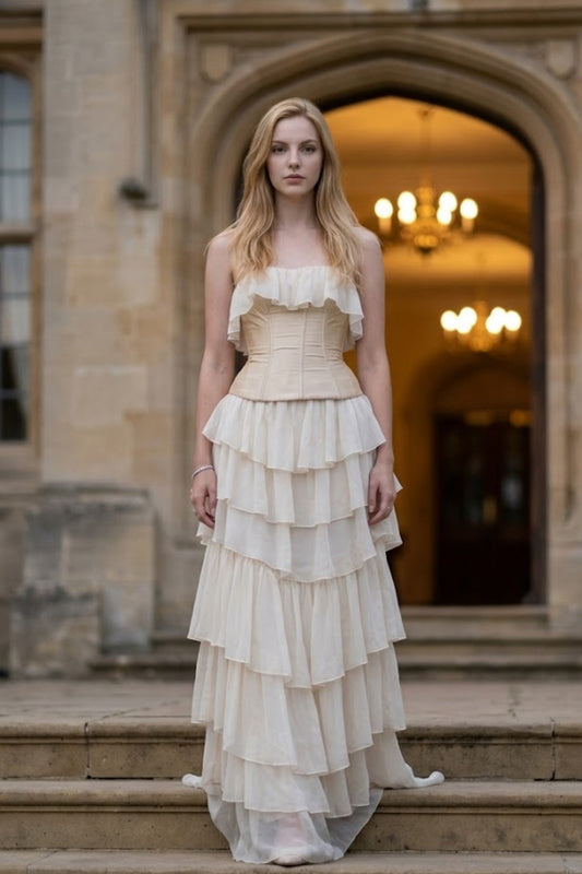 White A Line Strapless Long Prom Dress with Ruffles