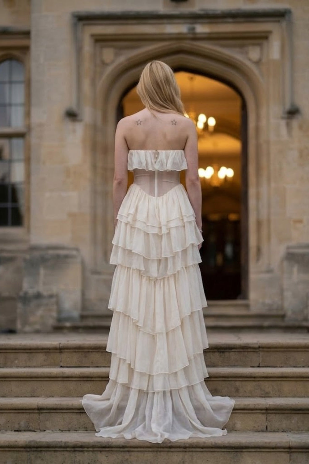 White A Line Strapless Long Prom Dress with Ruffles