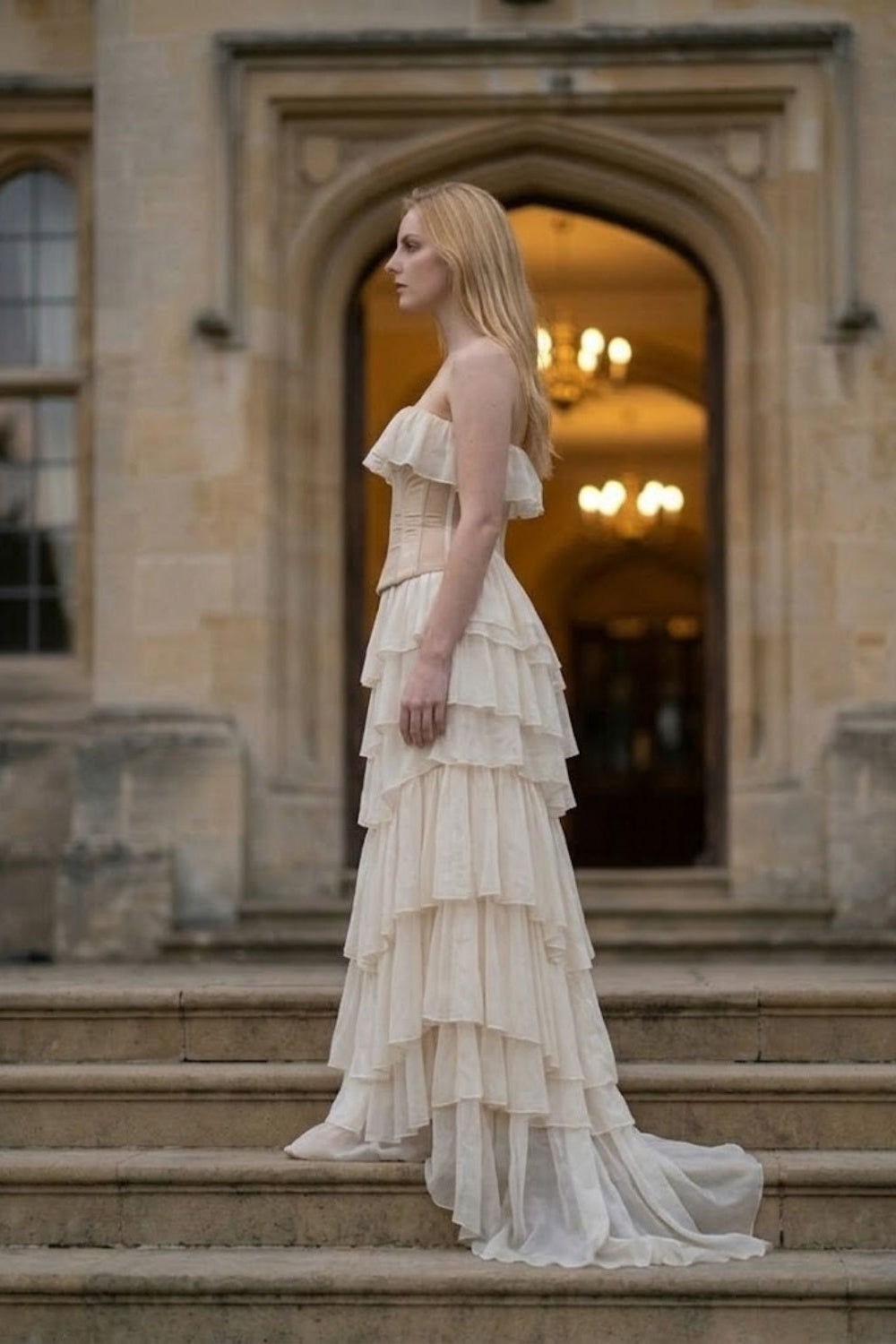 White A Line Strapless Long Prom Dress with Ruffles