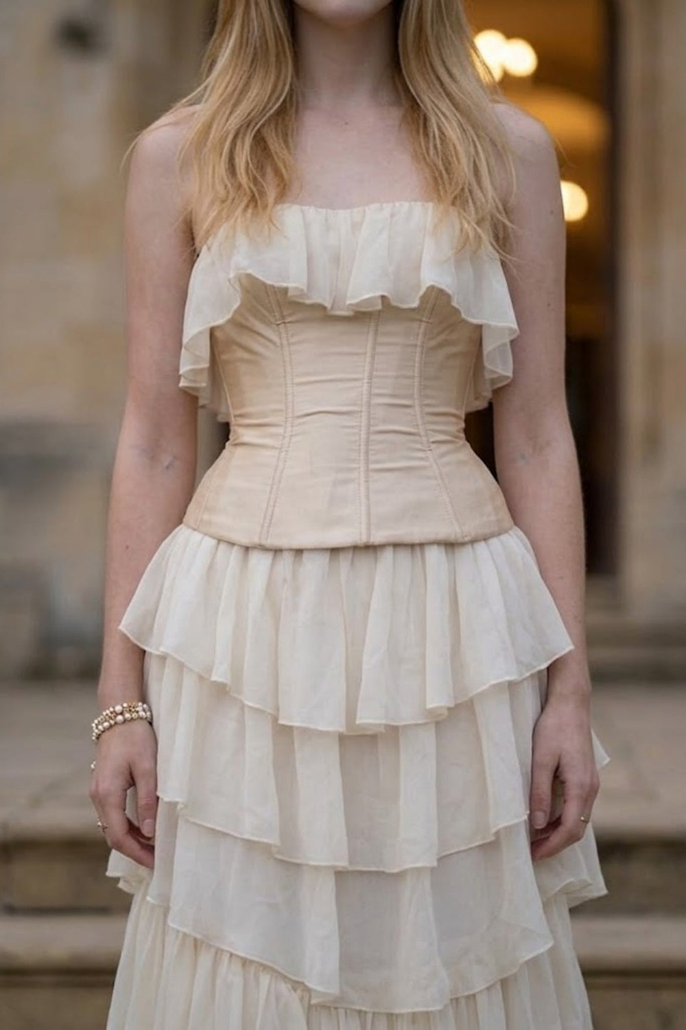 White A Line Strapless Long Prom Dress with Ruffles