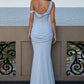 Light Blue Mermaid Off the Shoulder Long Prom Dress with Draping