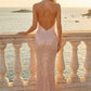 Sequin Blush Pink Sheath Halter Long Prom Dress with 3D Flower