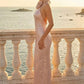 Sequin Blush Pink Sheath Halter Long Prom Dress with 3D Flower