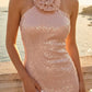 Sequin Blush Pink Sheath Halter Long Prom Dress with 3D Flower