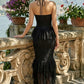 Black Mermaid Halter Long Prom Dress with Lace Ruffles