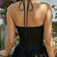 Black Mermaid Halter Long Prom Dress with Lace Ruffles