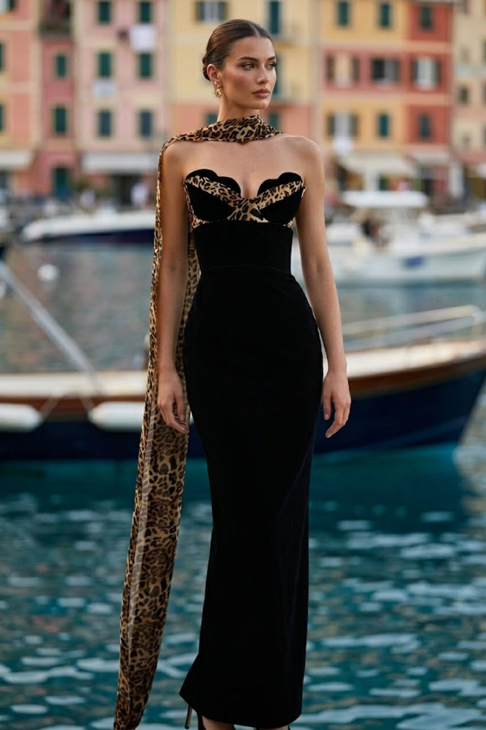 Black Sheath Strapless Long Formal Dress with Scarf