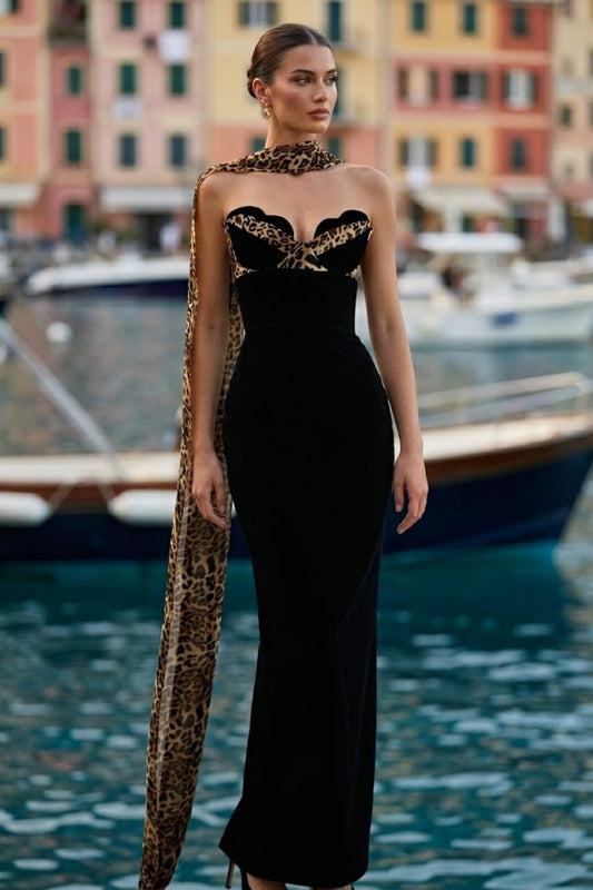 Black Sheath Strapless Long Formal Dress with Scarf