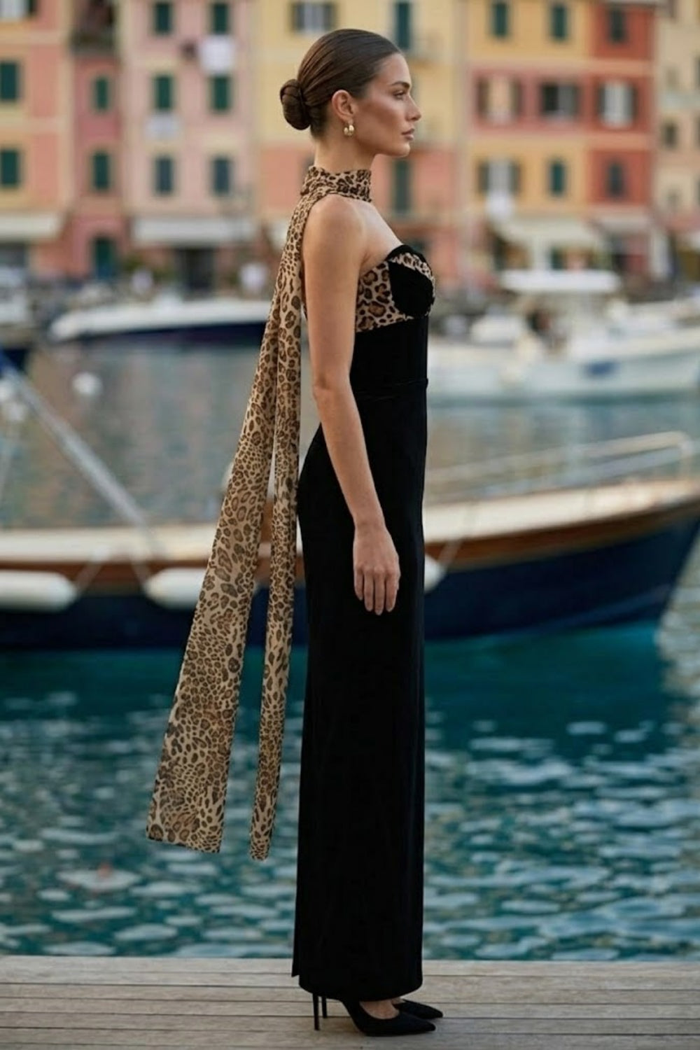 Black Sheath Strapless Long Formal Dress with Scarf