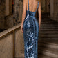 Blue Sheath Spaghetti Strap Long Prom Dress with Sequins