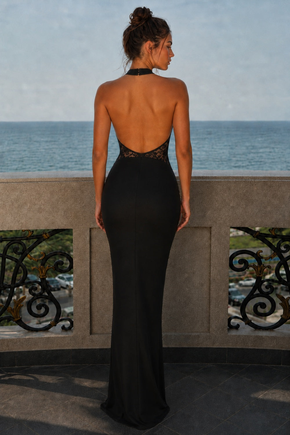 Black Sheath Halter Long Prom Dress with Lace Bodice