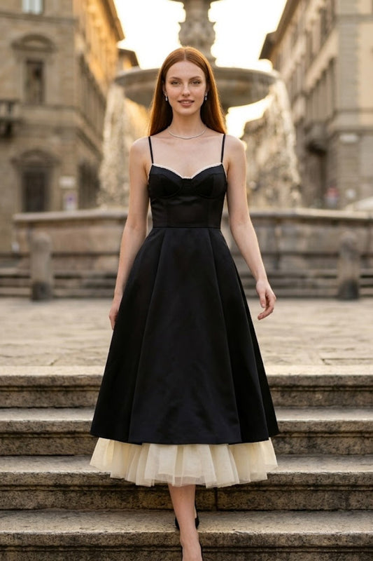 Black and White A Line Spaghetti Straps Long Prom Dress