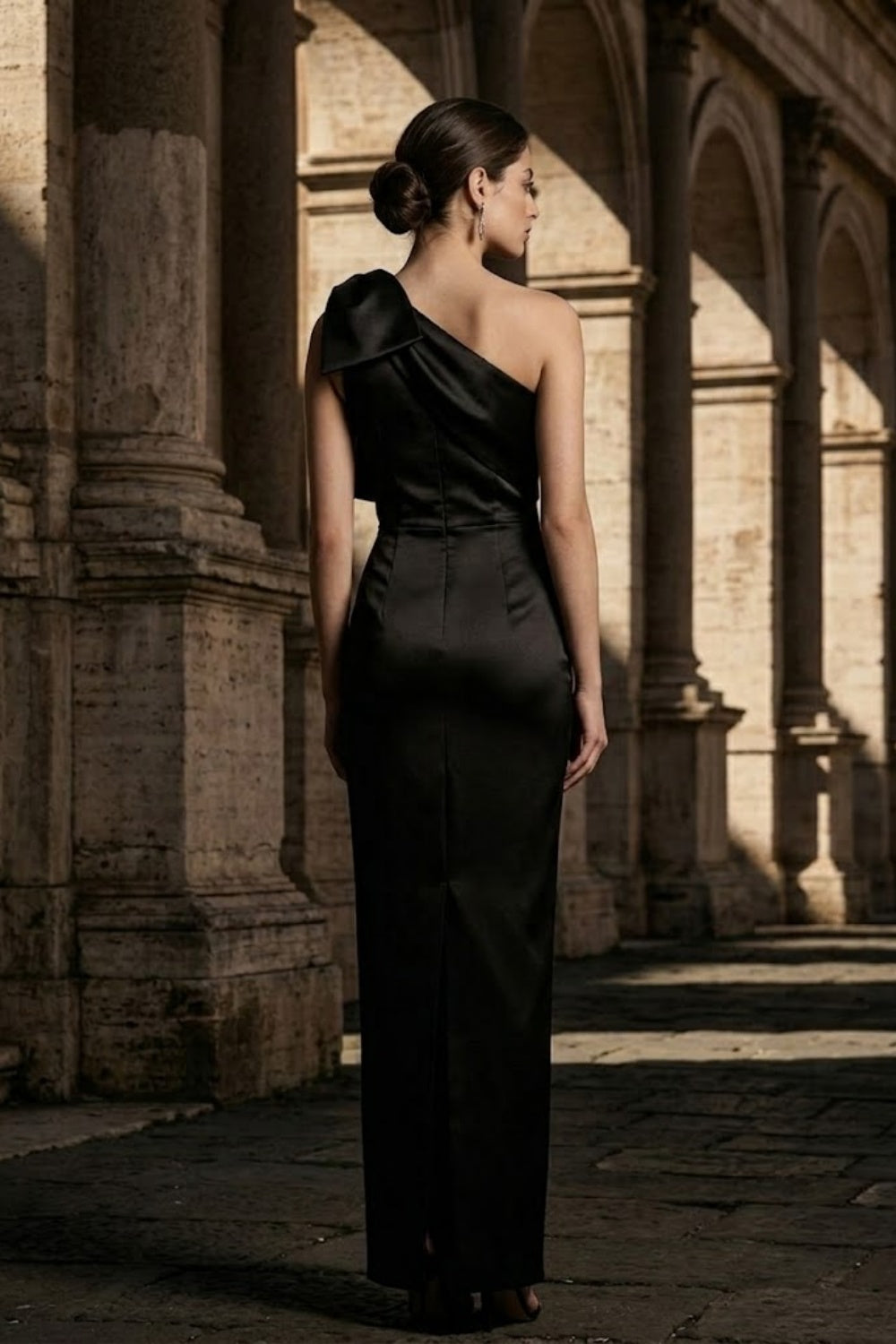 Black Sheath One Shoulder Long Formal Dress with Bow