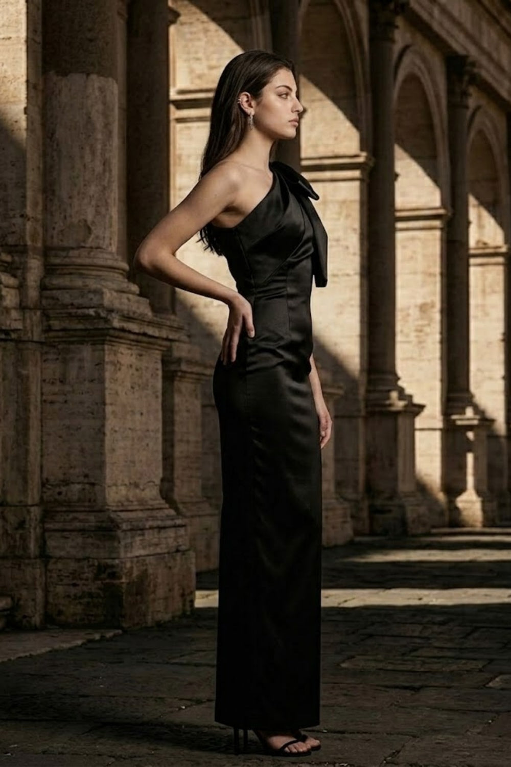 Black Sheath One Shoulder Long Formal Dress with Bow
