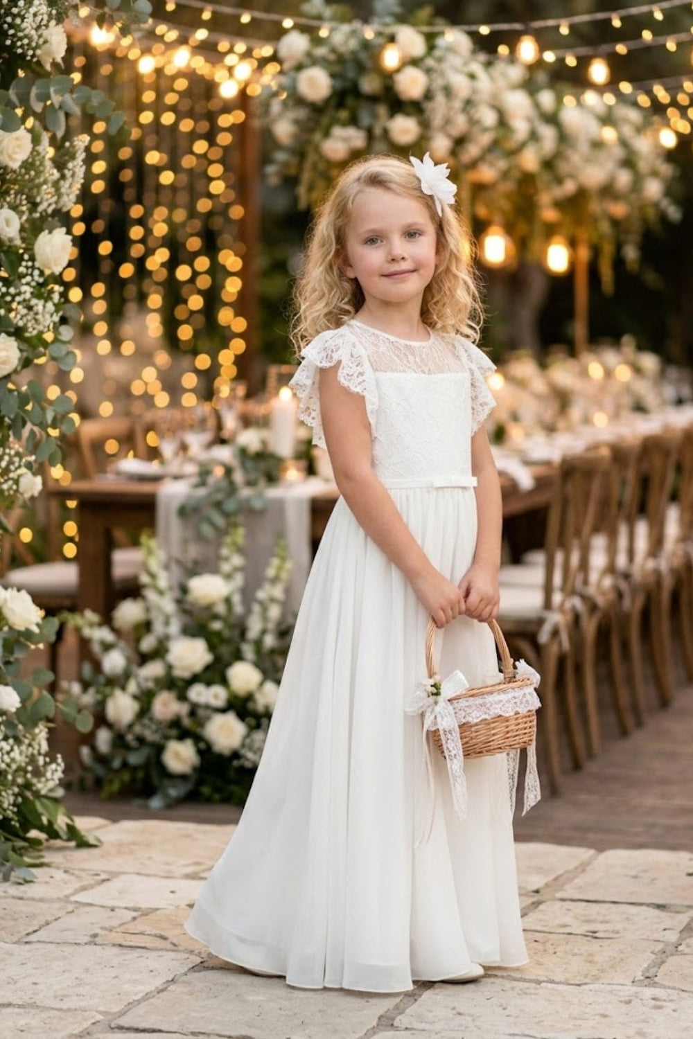 White A Line Round Neck Short Sleeve Lace Chiffon Flower Girl Dress