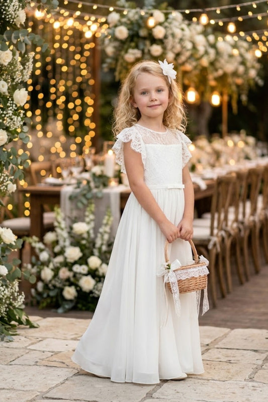 White A Line Round Neck Short Sleeve Lace Chiffon Flower Girl Dress