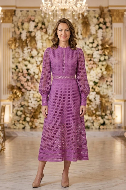 Purple A Line Round Neck Long Cut Out Mother of Bride Dress
