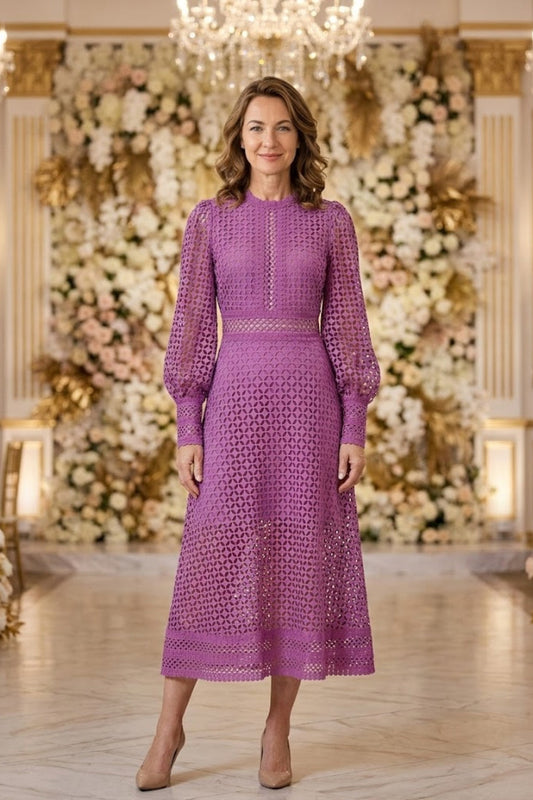 Purple A Line Round Neck Long Cut Out Mother of Bride Dress
