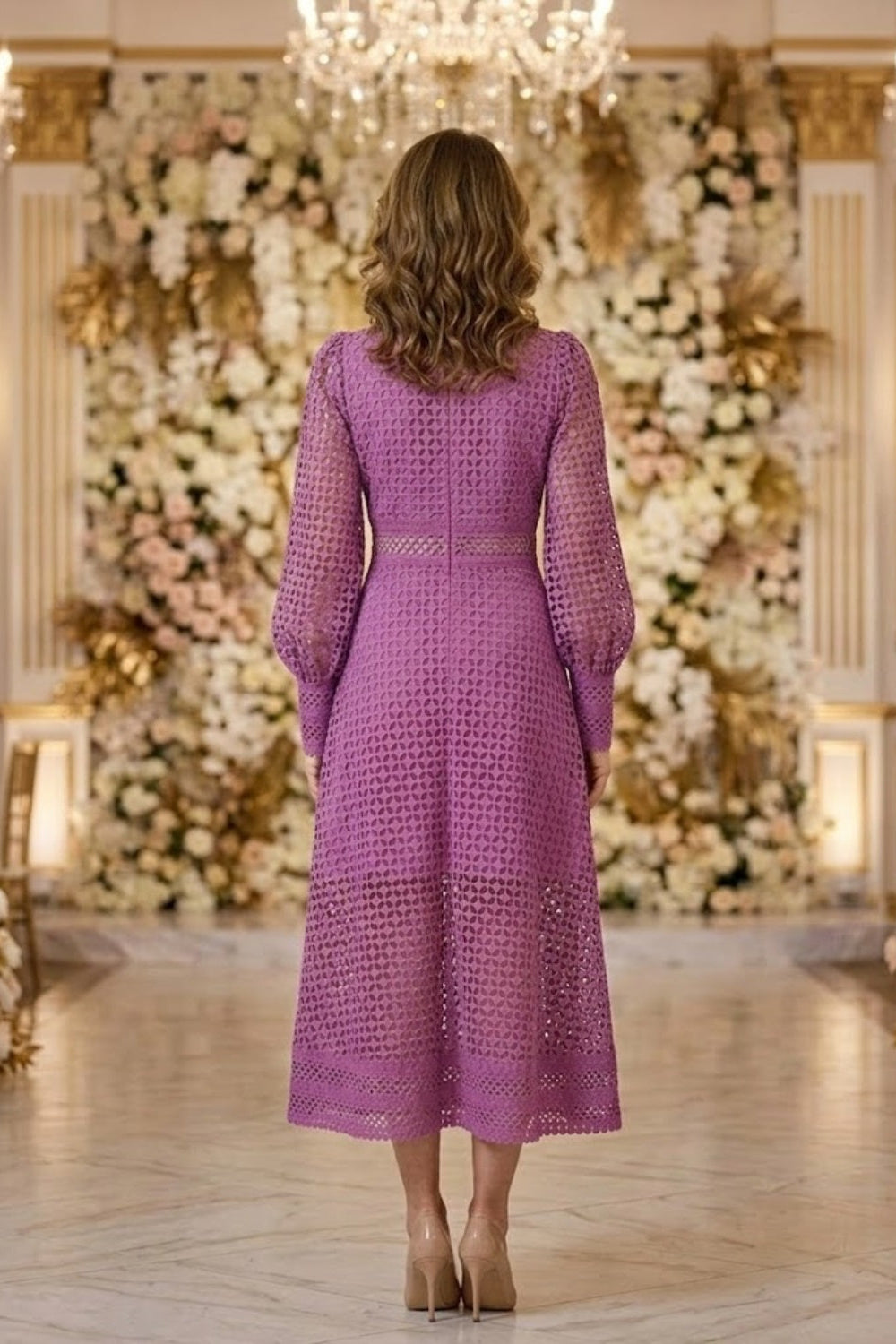 Purple A Line Round Neck Long Cut Out Mother of Bride Dress