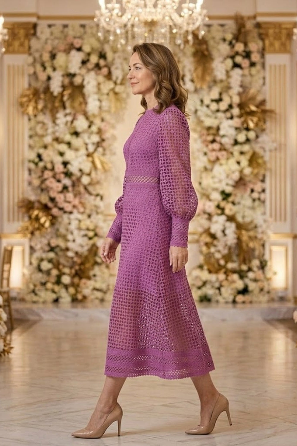 Purple A Line Round Neck Long Cut Out Mother of Bride Dress