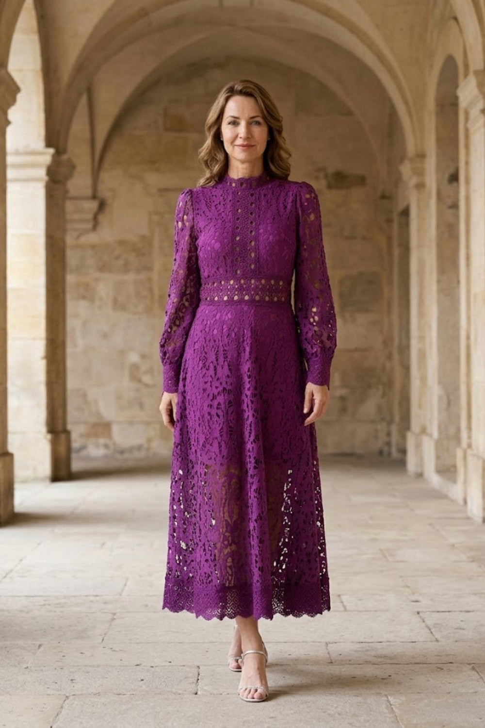 Purple A Line High Neck Long Mother of Bride Dress with Lace