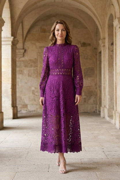 Purple A Line High Neck Long Mother of Bride Dress with Lace
